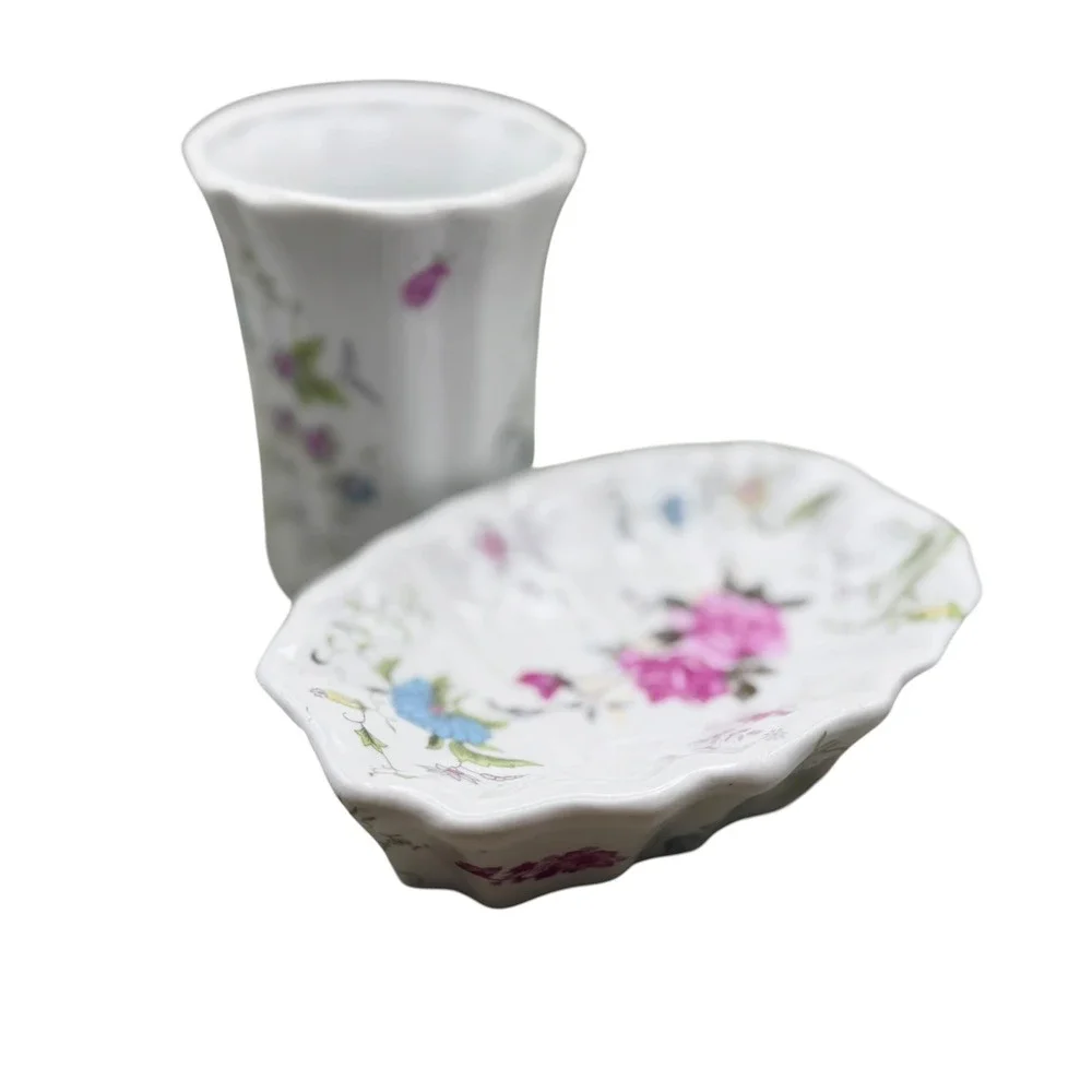 Vintage Floral Ceramic Soap Dish and Tumbler Set Pink Roses Blue Flowers 2pc